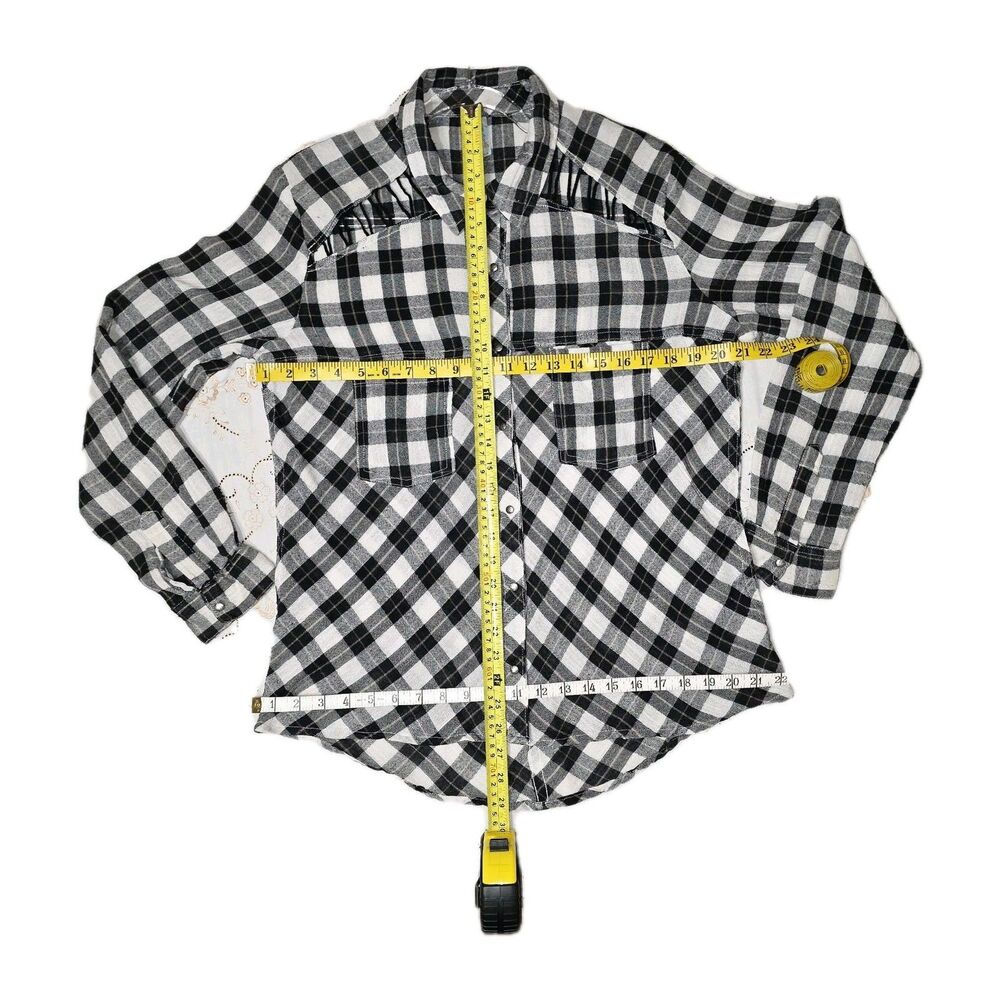 Free People Medium Shirt Women Black White‎ Plaid Snap Up Long Sleeve Top - Picture 5 of 5